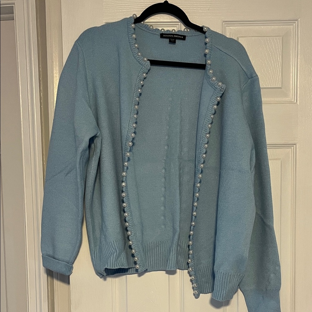 Boston Proper Blue Cardigan with Pearl Trim